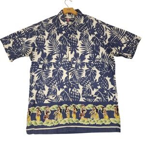 Chaps‎ Ralph Lauren Mens Hawaiian Shirt Pineapple Hula Dancer Print Cotton L